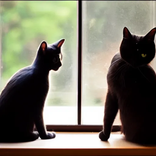 Image similar to black cat and tabby cat in a sunlit window