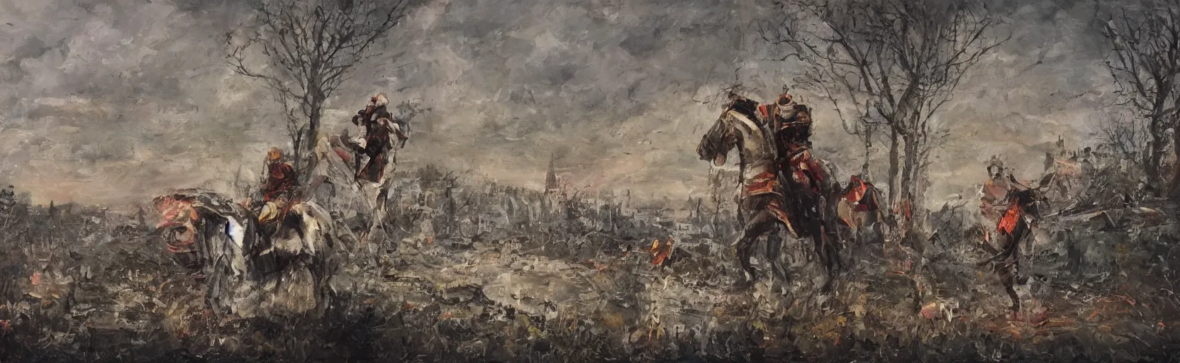 Image similar to horseback knights at scenic overlook; cloudy, grey skies, walled fort city deteriorating office buildings in background on hill; forest; la Bastille, post apocalyptic, grungy; oil on canvas, colorful, artstation