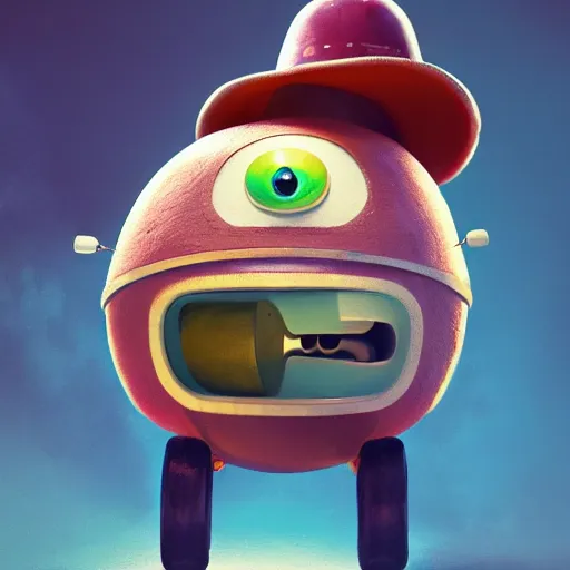 Image similar to full body portrait of a round robot with a moustache wearing hat, painting a canvas, big head, high detail, beautiful light, depth of field, sharp focus, clean design, 4 k, pixar, colorful, octane render