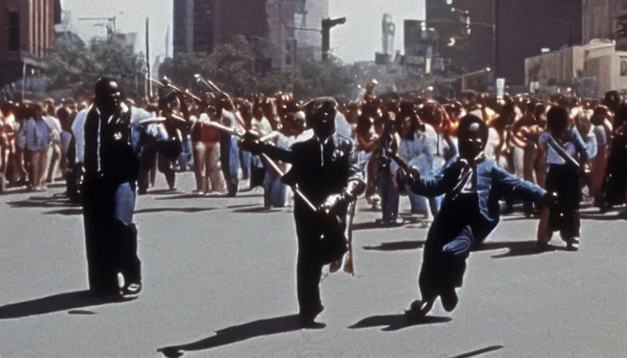 Image similar to 7 0 s film still from a horror movie of gary coleman twirling a baton while marchin in a blm parade, kodachrome, cinecolor, cinestill, film grain, film texture, retro, cinematic, high resolution, photorealism,