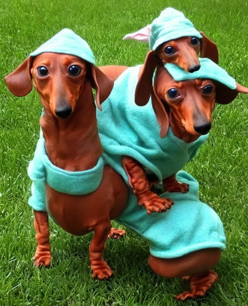 Image similar to a dachshund dressed as Baby Yoda,