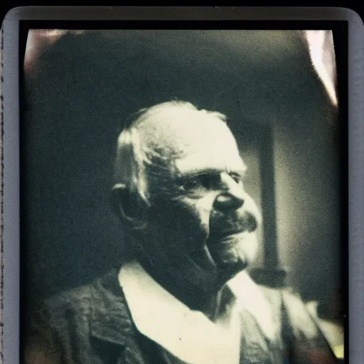 Prompt: a realistic polaroid photo of an old man after a failed experiment inside a laboratory, the head of the old man is dark, evil god, smoke, fire, demon, cursed, cosmic horror