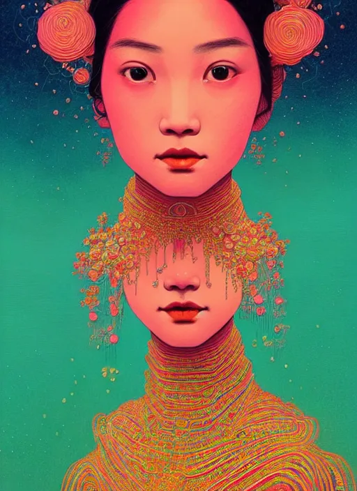 Prompt: prompt! dream symmetry!! stunning portrait of beautiful face vietnamese girl wearing tradition clothes!! by victo ngai, kilian eng vibrant colours, dynamic lighting, digital art, winning award masterpiece, fantastically beautiful, illustration, aesthetically inspired by beksinski and dan mumford, trending on artstation, art by greg rutkowski, 8 k