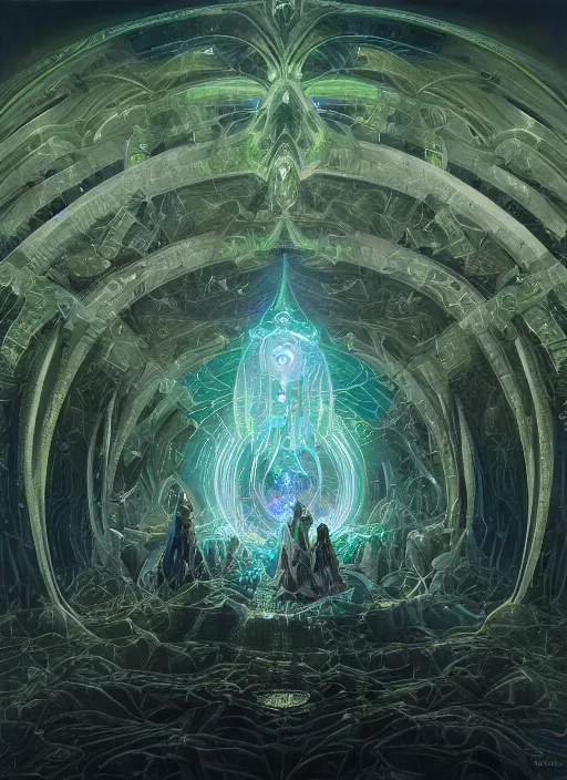 Image similar to a quantum computer, geometric crystal wiring, emerald circuits, highly advanced technology surrounded by a dark cabal of multiple hooded elven mystics in long dark robes gathered in a circular formation, dan seagrave art, michael whelan, artstation, cgsociety