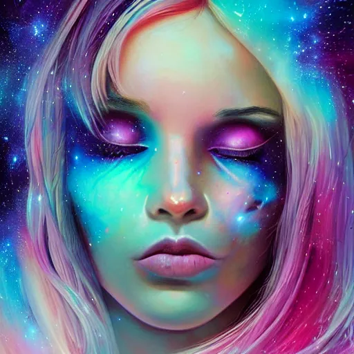 Image similar to a galaxy pink purple and blue colored, psychedelic ethereal portrait, kim petras with her eyes closed, transcending to a higher plane of existence, eternal blessing, multiverse, by android jones, by ben ridgeway, visionary art, by artgerm, featured on artstation, cgsociety, by greg rutkowski