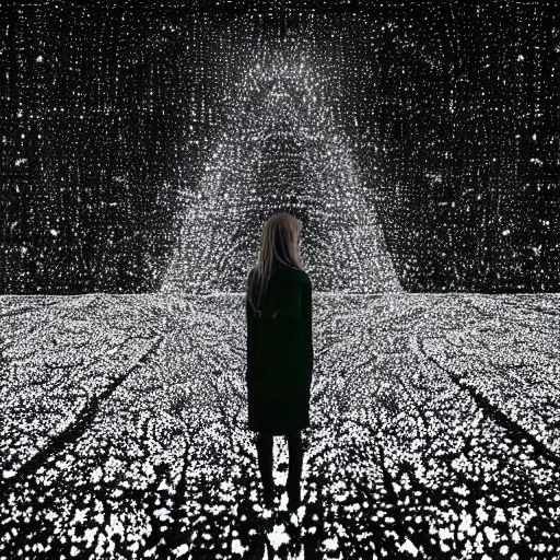 Image similar to a woman standing on steps in a field at night, a hologram by kusama, instagram, optical illusion, full body, ultra hd, neon