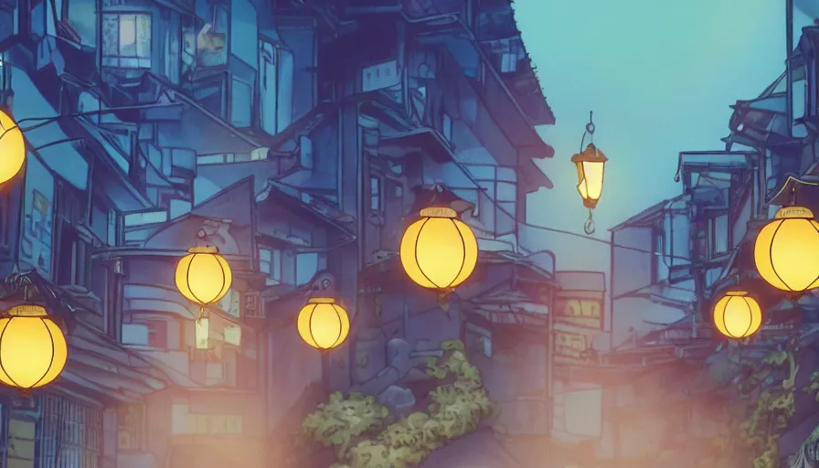 Image similar to A film still from a 1990s Sailor Moon cartoon featuring a moody street in Japan with a waterfall and lanterns, lofi aesthetic, golden hour, cinematic look, film grain, high detail, high resolution, 8k