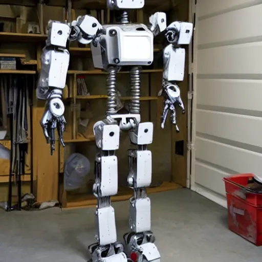 Prompt: a humanoid bipedal robot made of spare parts and household materials in a workshop, garage or closet