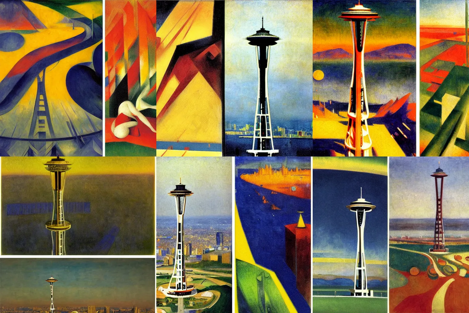 Prompt: The Space Needle, painting by Franz Marc, painting by Jean-Léon Gérôme, painting by Winsor McCay, today's featured photograph, 16K