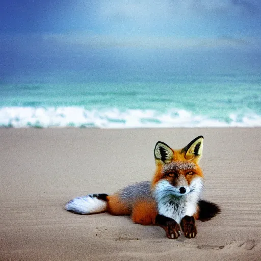 Image similar to fox chilling on the beach, photo, vaporwave