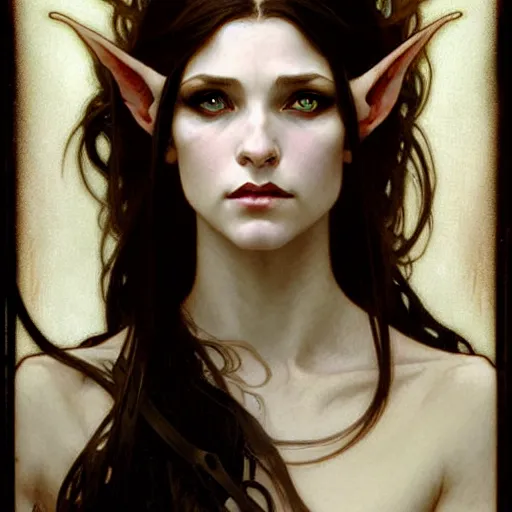 Image similar to Portrait of a pretty half-elf half-vampire young woman. Her hair has black strands and white strands. Her eyes have red irises and vertical pupils. Art by Greg Rutkowski and Alphonse Mucha