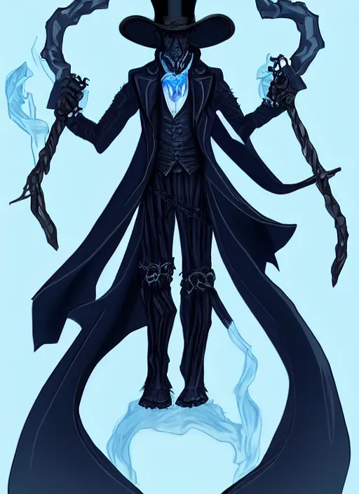 Image similar to DND character art, skeletal male figure, wearing a deep black suit!!! and tie and top hat, holding a gold! cane!, blue flames in background, blue flames