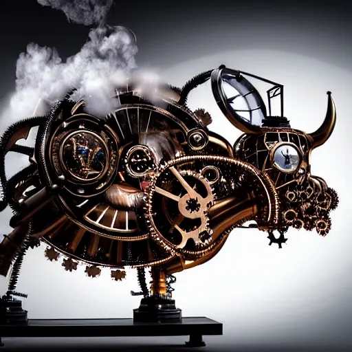 Image similar to a clockwork mechanical bull there are gears sticking out of the mechanical bull steam emanates from the robotic bull and thick clouds of steam swirl around the clockwork bull, ultra high detail, high particle effects, highly reflective surface, realistic reflections