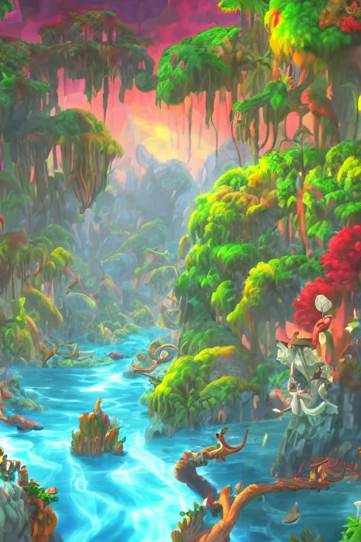 Image similar to A beautiful painting of dreamscape dofus jungle winter in Xenoblade Chronicles video game land world screenshot by Carl Warner and Jim Woodring, Trending on artstation:1.5, sweet joy harmony color scheme white,black,light,fire:-1