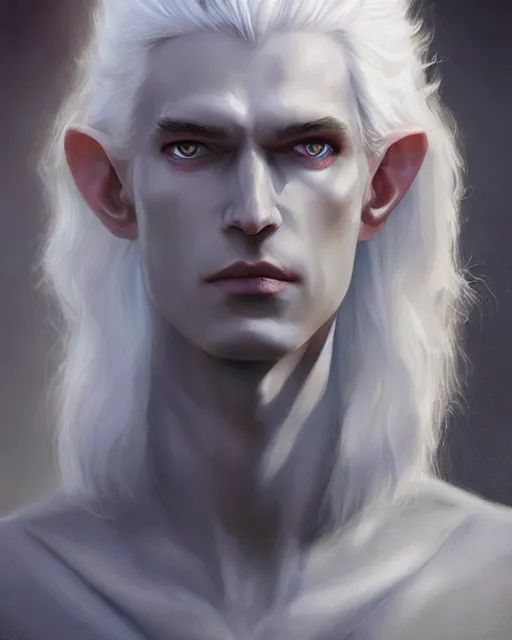 Image similar to character portrait of a slender young white haired half elven man with piercing blue eyes and pale bluish skin, wearing smooth sleek pearlescent black wraithbone armor, by greg rutkowski and mark brookes and jim burns and tom bagshaw and magali villeneuve, trending on artstation