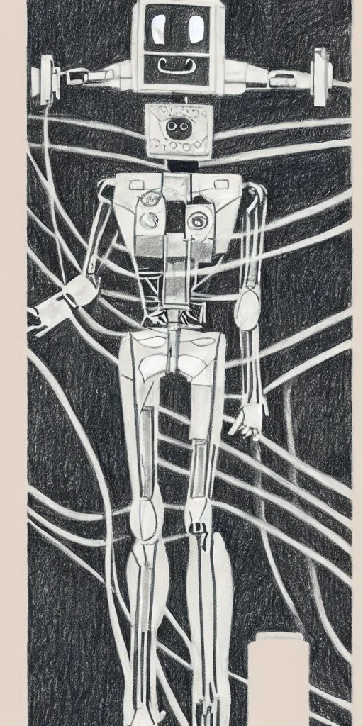 Image similar to “a drawing of a skinny silver humanoid robot preparing for a race on a race track, wide shot, midday, on the cover of a 1970s science fiction magazine”