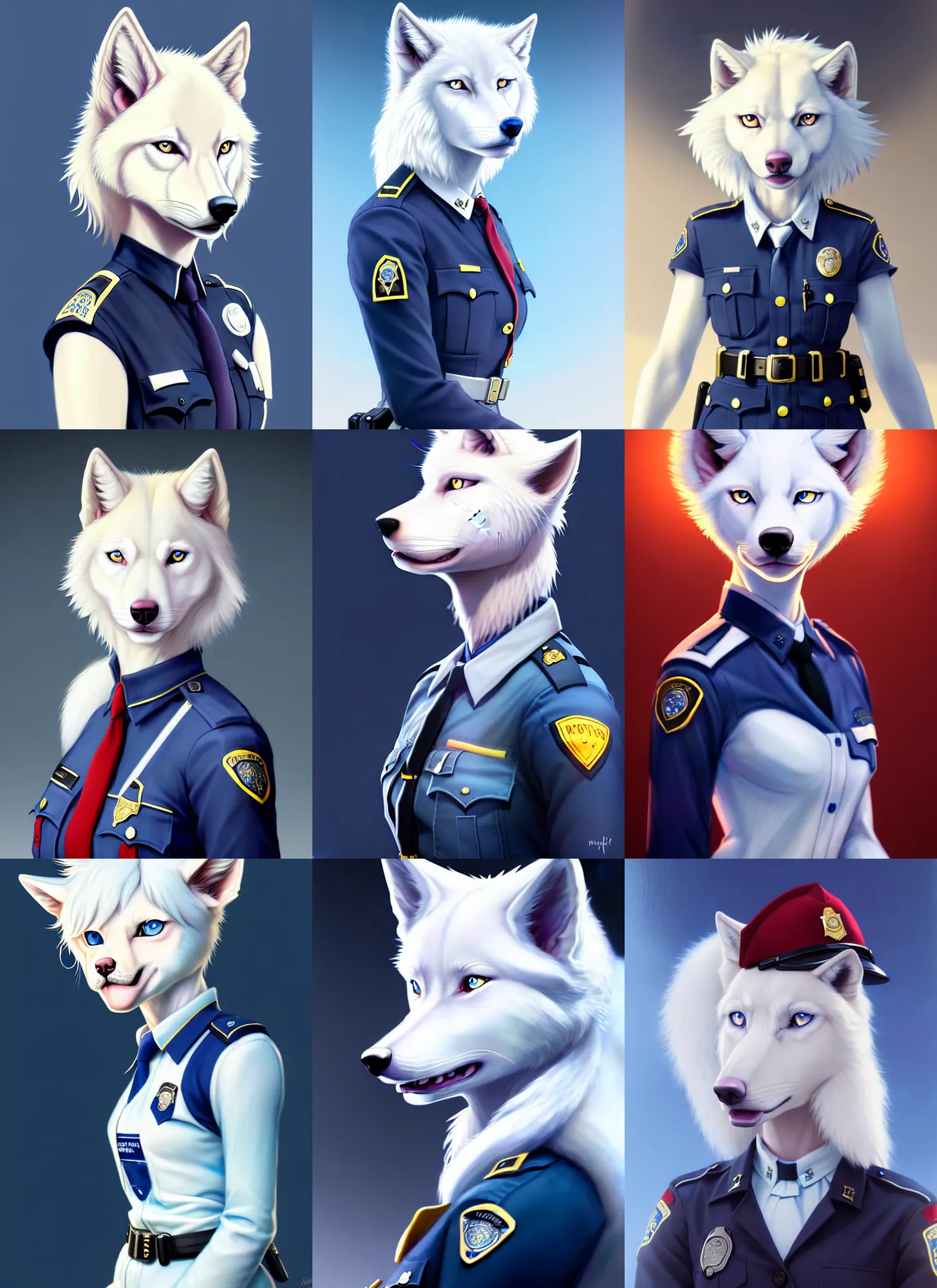 Prompt: beautiful portrait of a female anthropomorphic albino wolf fursona wearing a state trooper uniform. blue eyes. red hair. character design by disney, charlie bowater, ross tran, artgerm, and makoto shinkai, detailed, soft lighting, rendered in octane