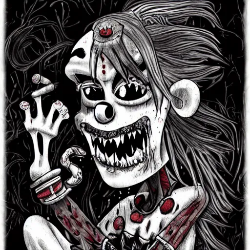 Prompt: grunge drawing of a red hair cartoon clown monster with big bloody eyes and a wide smile by mrrevenge, corpse bride style, horror themed, detailed, elegant, white background, intricate