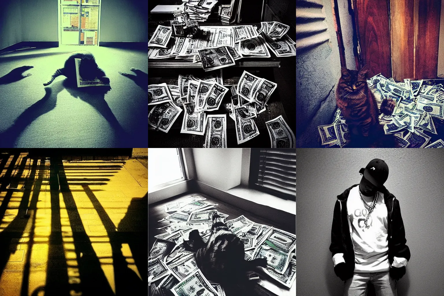 Prompt: “cat money millionaire, piles of cash, grunge lighting, rap promotion, intense shadows”