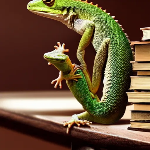 Image similar to the! gecko from geico commercials! on a table,! being crushed! by a stack of books