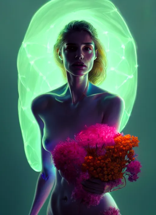 Prompt: portrait female posing sensual figure x - ray, skeletal, glowing veins under translucent skin, highly detailed skin, among neon bed of flowers, windy, stormy sky, bioluminescent, plasma, greg rutkowski, 8 k trending on artstation,