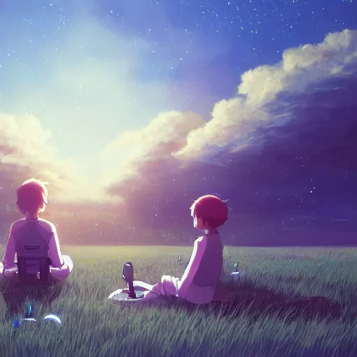 Prompt: beautiful, detailed digital painting of two children sitting on a grass field looking at hundreds spaceships shooting weapons in the sky, anime by Makoto Shinkai, trending on artstation