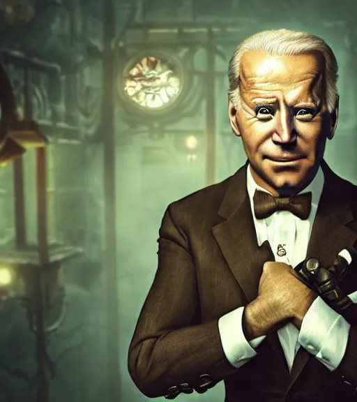 Image similar to joe biden cosplaying bioshock, by wlop, by simon stalengrad, bioshock screenshot, photorealistic fan art, intricate shading, steampunk, patriot