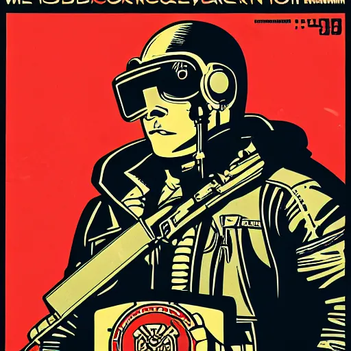Prompt: Illustrated by Shepard Fairey and H.R. Geiger | Cyberpunk Soviet soldier with VR helmet, surrounded by cables, Soviet Propaganda poster