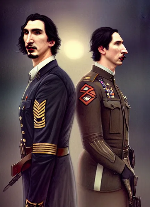 Image similar to a portrait of john oliver and adam driver posing together back to back, stoic, military uniform, fantasy, centered, dark background, smokey atmosphere, foggy atmosphere, art by artgerm and greg rutkowski and alphonse mucha