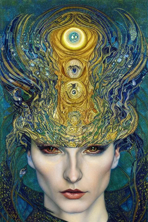 Prompt: Metamorphosis by Karol Bak, Jean Deville, Gustav Klimt, and Vincent Van Gogh, transformation portrait, visionary, otherworldly, fractal structures, ornate gilded medieval icon, third eye, dynamic, spirals