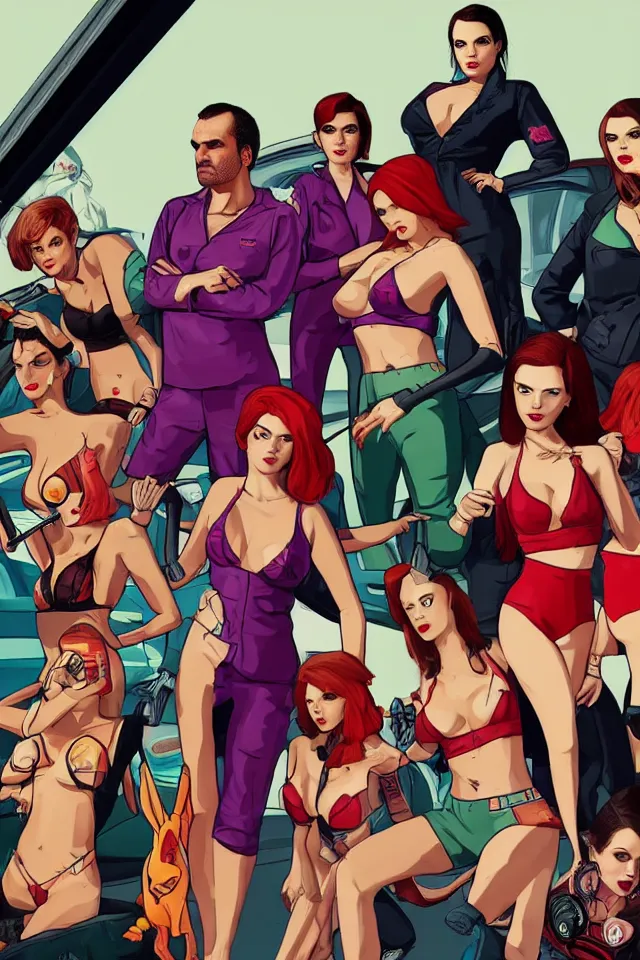 Image similar to A GTA 5 game loading screen featuring A Pterodactyl, La Llorona, a redhead Waifu, CHAPPIE in an Adidas track suit, a TVR Sagaris, and Playboy Bunnies from 1960