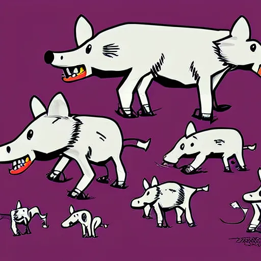 Image similar to digital cartoon illustration of a group of feral hogs by alex pardee, cartoon art, creative design