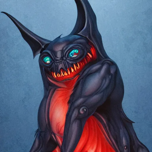 Image similar to detailed full body of scary giant mutant dark blue humanoid anthropomorphic bat, glowing red eyes flying above a stormy ocean, sharp teeth, acid leaking from mouth, realistic, giant, bat ears, bat nose, bat claws, bat wings, furred, covered in soft fur, detailed, 85mm f/1.4