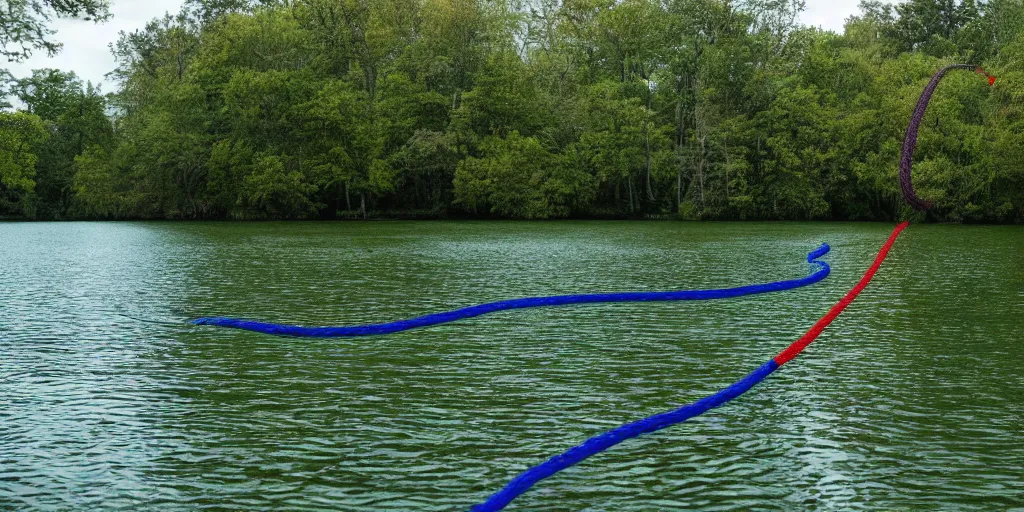 Prompt: centered colored photograph of a long rope snaking across the surface of the water, stretching out towards the center of the lake, a dark lake on a cloudy day, trees in the background, anamorphic lens