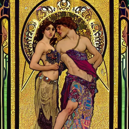 Prompt: realistic detailed dramatic symmetrical portrait of Samson and Dalida as Salome dancing, wearing an elaborate jeweled gown, by Alphonse Mucha and Gustav Klimt, gilded details, intricate spirals, coiled realistic serpents, Neo-Gothic, gothic, Art Nouveau, ornate medieval religious icon, long dark flowing hair spreading around her