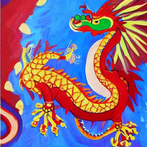 Image similar to russian dragon playing balalika guitar, childrens painting ,