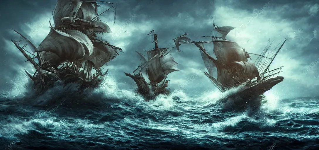 Prompt: sea monster attacking a pirate ship, cinematic, atmospheric, detailed
