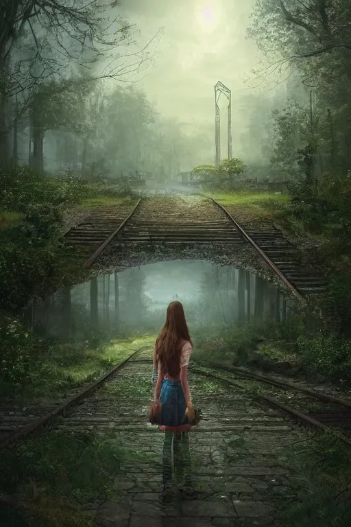 Image similar to Matte painting art of girl standing at the old train station looking to the train, old train heading to station with lights on, fantasy dense forest with a lot of detail, the tracks covered with vegetation, highly detailed, 4k, 8k resolution, trending on artstation, octane render, unreal engine, cinematic