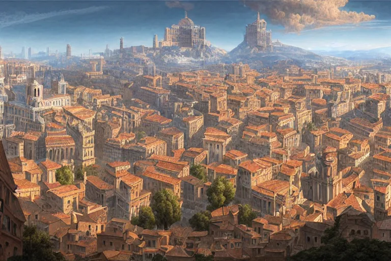 Image similar to an ultra detailed matte landscape painting of an italian renaissance capital city built on top of a large hill with many tall spirally towers, sweeping vista, italian renaissance architecture, ultrawide lens, aerial photography, 8 k, volumetric lighting, smooth, highly detailed, digital illustration, art by greg rutkowski and akira toriyama and artgerm