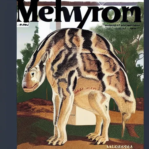 Prompt: a magazine cover for the showing of a large hybrid animal creature in a museum