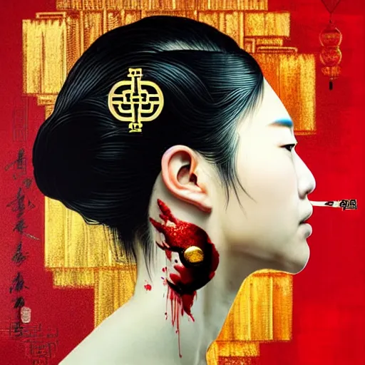 Image similar to portrait and side profile of a chinese woman :: side profile :: in ocean :: clockwork details :: gold :: blood and horror :: by vikings and Sandra Chevrier