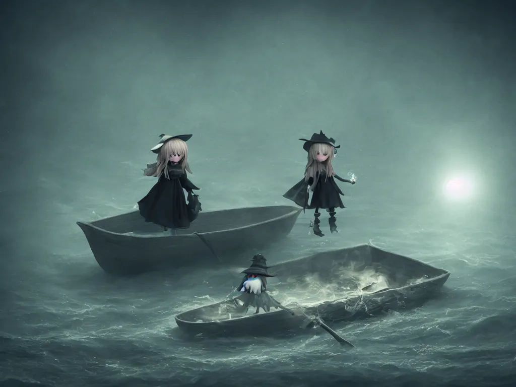 Image similar to cute fumo plush girl witch in a small boat on murky river water, river styx, cursed otherworldly chibi gothic horror wraith maiden, lost in the milky void, hazy heavy swirling murky volumetric fog and smoke, moonglow, lens flare, vray