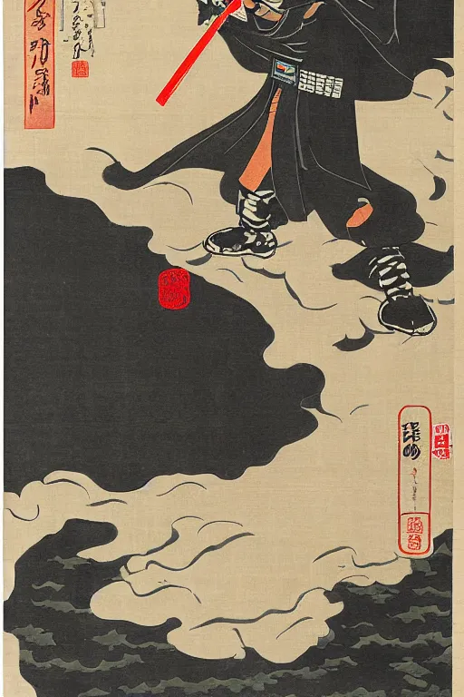 Image similar to Japanese woodblock print of Darth Vader, Hokusai