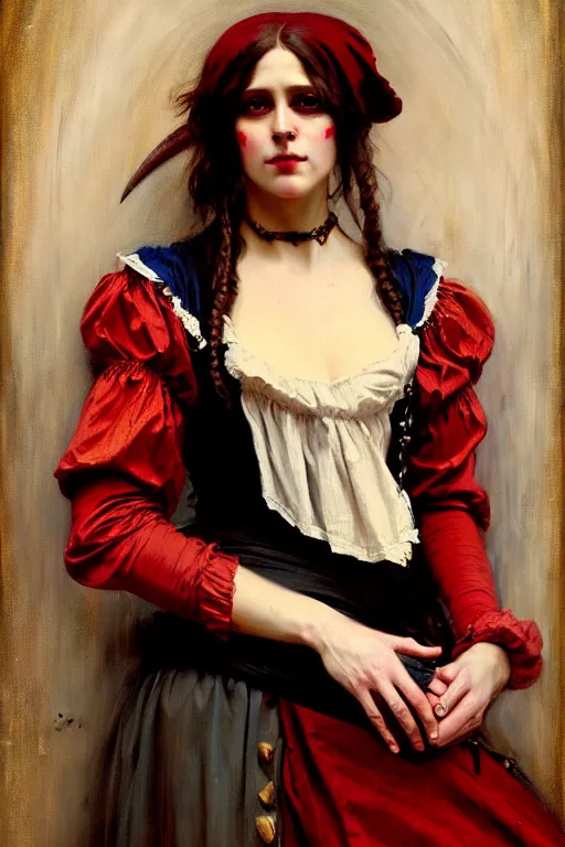 Image similar to solomon joseph solomon and richard schmid and jeremy lipking victorian genre painting full length portrait painting of a young beautiful woman traditional punk rock german french actress model pirate wench in fantasy costume, red background