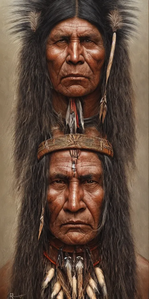 Prompt: a stunning and noble highly detailed portrait of a native american warrior by h. r. giger, trending on artstation, oil painting masterpiece, symmetry, mysterious, very very very aesthetic