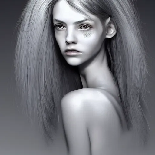 Image similar to A young beautiful female angelic-extraterrestrial-cyborg face with a very long neck, big detailed luminous eyes, thin nose, big lips, hair floating in the wind, Realistic, Refined, Digital Art, Pre-Raphaelite, Highly Detailed, Cinematic Lighting, rim light, dramatic, contraste black and white, photo-realistic Unreal Engine, 8K