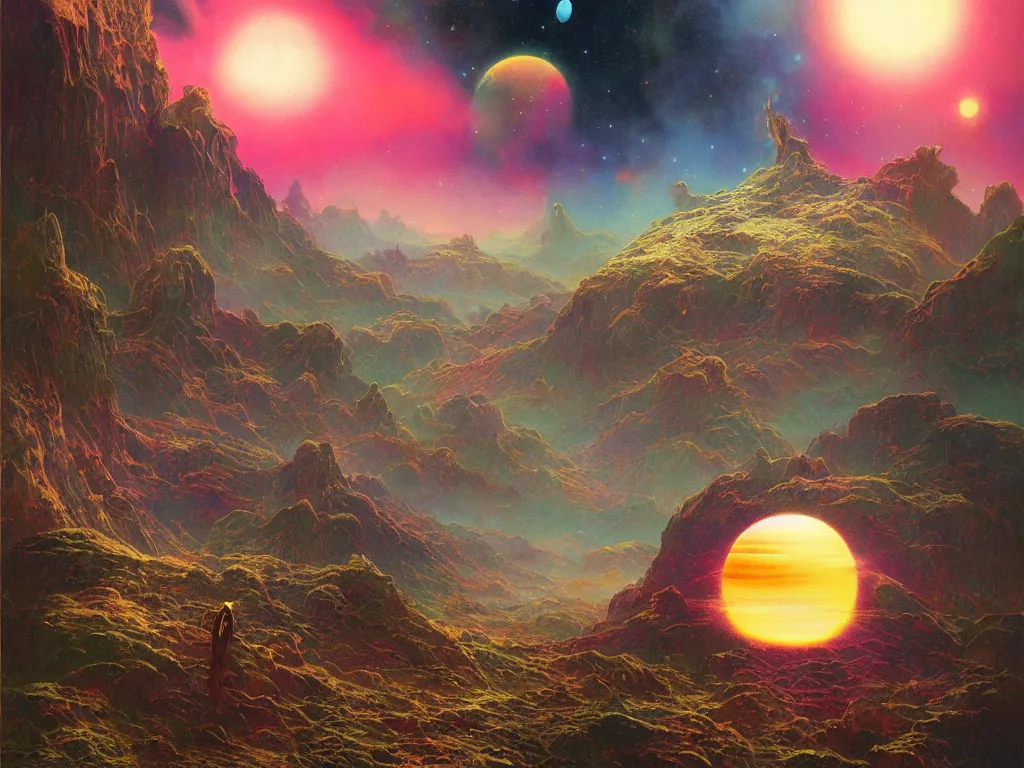 Prompt: a strange planet, by bruce pennington, by sam freio, by thomas rome, by victor mosquera, juxtapoz, behance, prismatic, iridescent