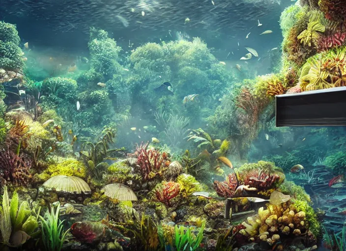 Image similar to overgrown foliage overtaking favela, underwater environment, coral, scenery, professional, award - winning, trending on artstation, detailed, realistic, beautiful, emotional, shiny, golden, picture