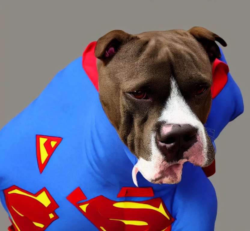 Image similar to pitbull dog wearing superman suit, hyperrealistic, 8 k resolution, well designed