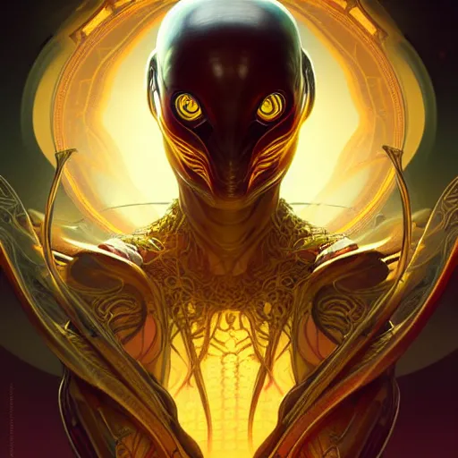 Prompt: hyper advanced alien evolved from tiger, sci fi, glowing eyes, volumetric lights, gold theme, art nouveau botanicals, intricate, highly detailed, digital painting, artstation, concept art, smooth, sharp focus, cinematic, illustration, beautiful face, art by artgerm and greg rutkowski and alphonse mucha